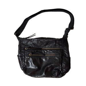 Women's Black Faux Leather Shoulder Bag Medium Handbag Lined Pockets Zipper